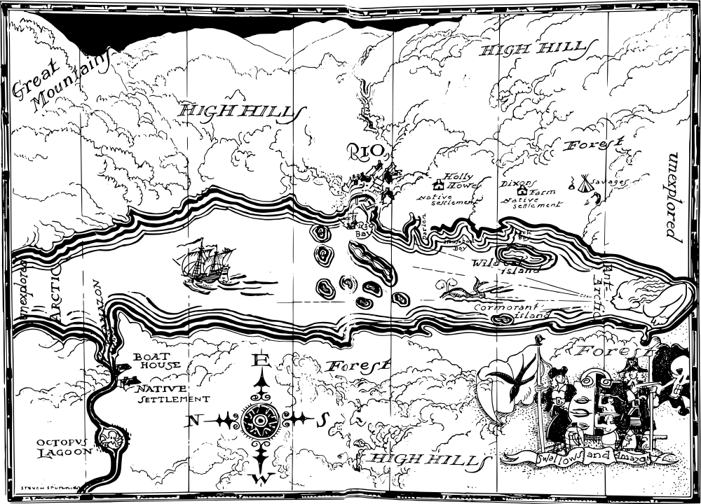 A map of the region where the Swallows and Amazons spend their summer, after the style of John’s chart. A long, narrow lake is depicted, with north pointing to the left. In the middle of the upper (east) shore is Rio, with Holly Howe, Dixon’s Farm, and the “Savages” (charoal-burners) spaced out to the right (south). Houseboat Bay and Darien are near Holly Howe. Wild Cat Island is opposite Dixon’s Farm, with Cormorant Island just off the opposite (west) shore. A number of islands lie opposite Rio’s bay. Towards the north end of the lake (left) and on its west short (lower) is the inlet where the Amazons live, with Octopus Lagoon well beyond their boathouse.